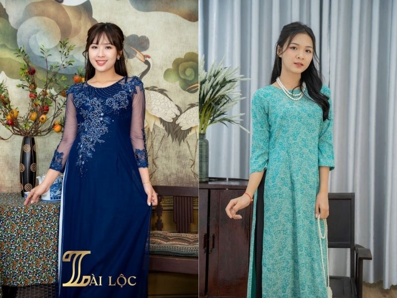 Áo dài trung niên cổ tròn thêu hoa cúc Áo dài trung niên cổ tròn thêu hoa cúc