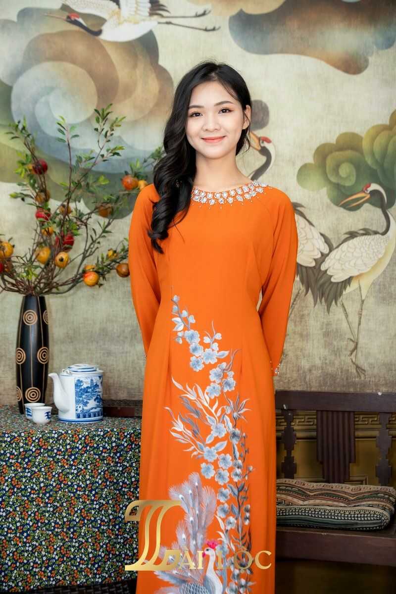 Áo dài bà sui hồng cam vải lụa cao cấp