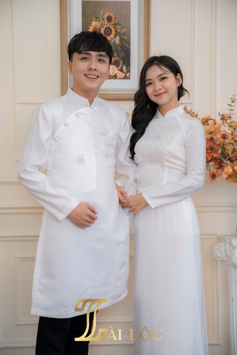 Áo Dài Cặp Đám Cưới Cô Dâu Chú Rể Lụa Trắng Hoa Chéo