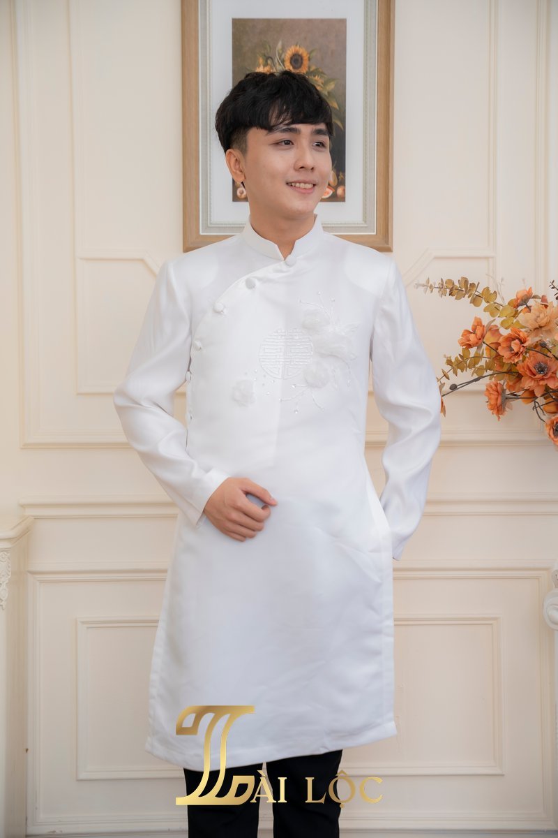 Áo Dài Cặp Đám Cưới Chú Rể Lụa Trắng Hoa Chéo