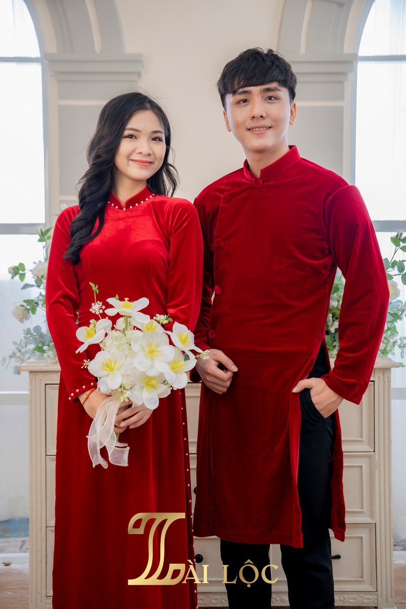Áo Dài Cặp Đám Cưới Cô Dâu Chú Rể Đỏ Nhung Trơn