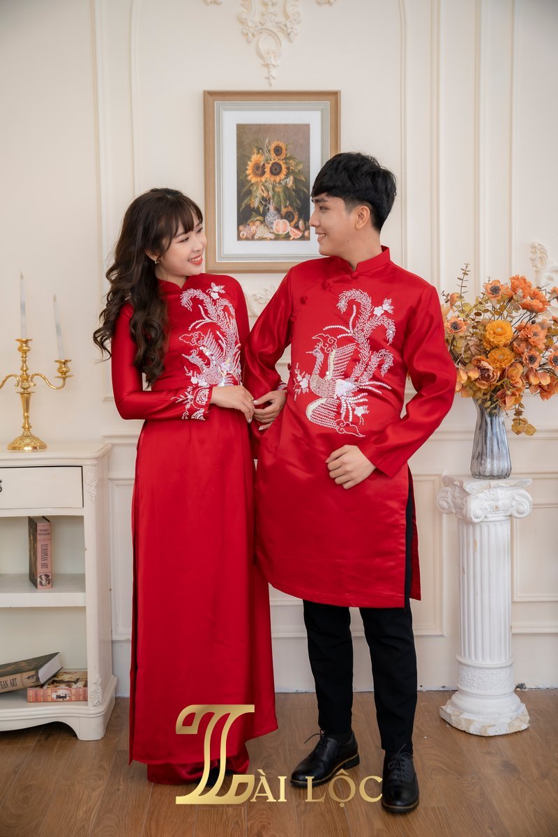 Áo Dài Cặp Đám Cưới Cô Dâu Chú Rể Lụa Đỏ Đô Chim Trắng