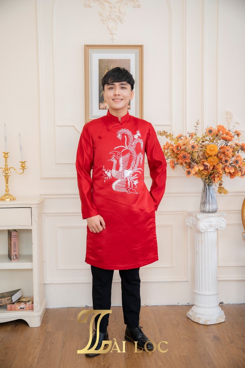 Áo Dài Cặp Đám Cưới Chú Rể Lụa Đỏ Đô Chim Trắng