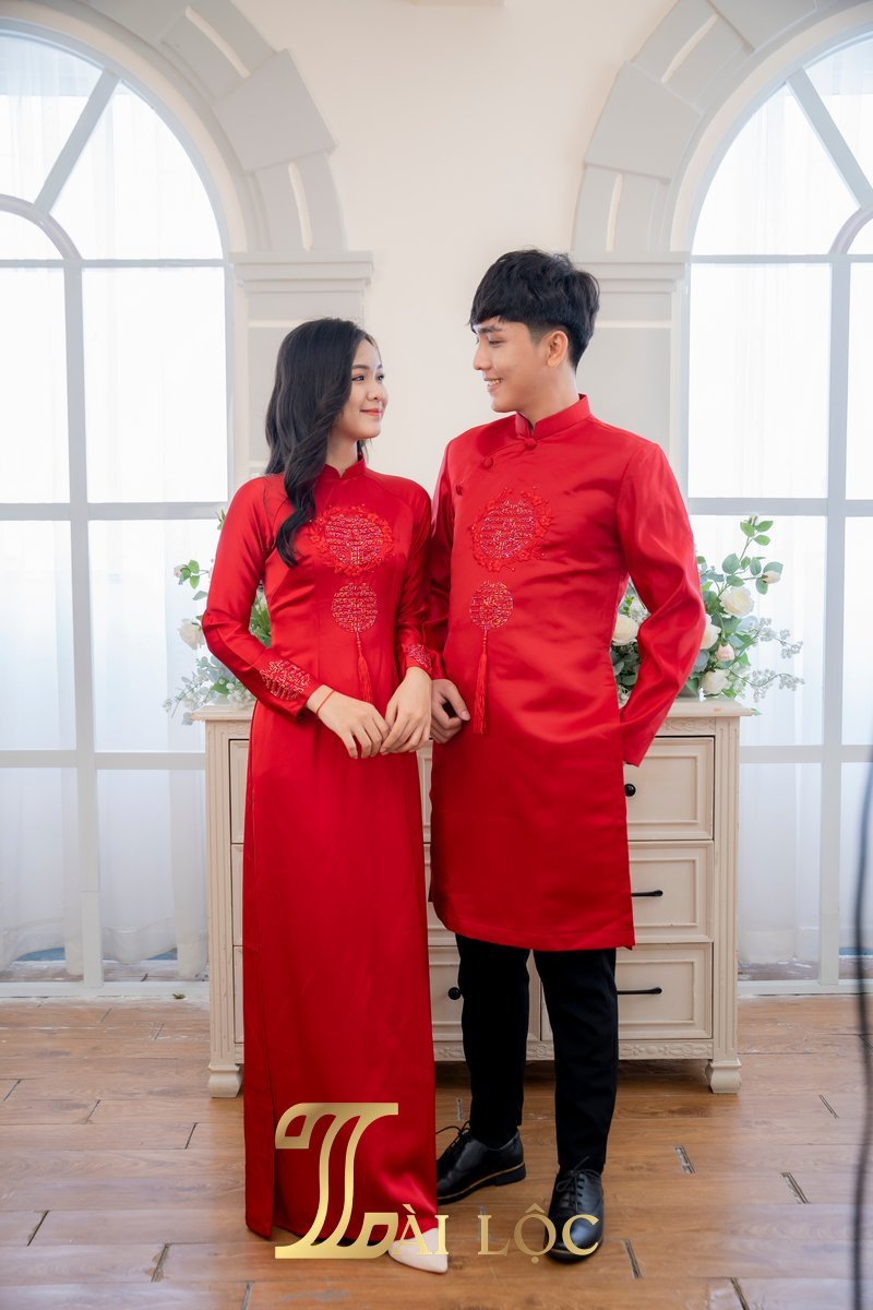 Áo Dài Cặp Đám Cưới Cô Dâu Chú Rể Lụa Đỏ Đô Hoa Chữ Hỷ