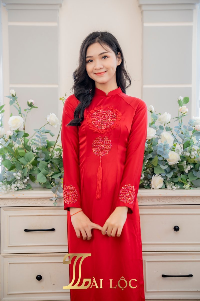 Áo Dài Cặp Đám Cưới Cô Dâu Lụa Đỏ Đô Hoa Chữ Hỷ