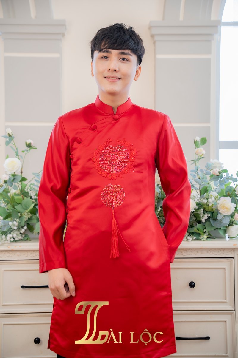 Áo Dài Cặp Đám Cưới Chú Rể Lụa Đỏ Đô Hoa Chữ Hỷ