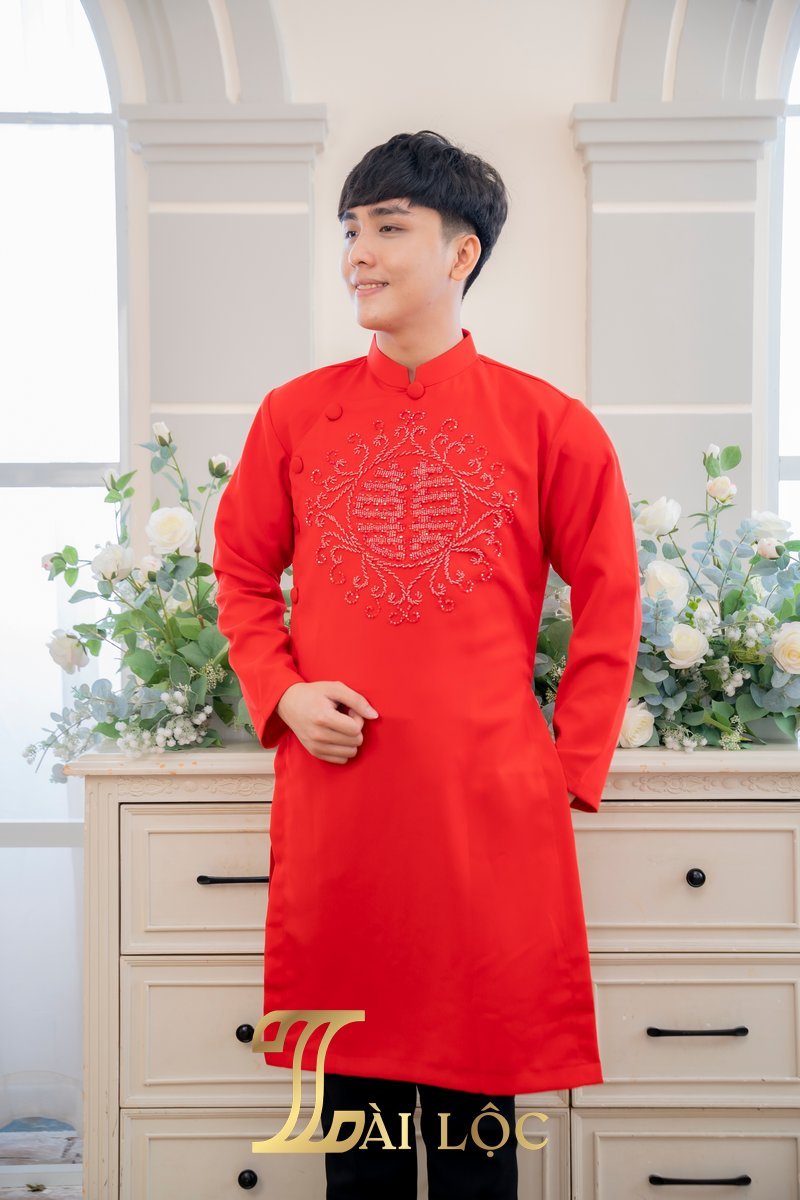 Áo Dài Cặp Đám Cưới Chú Rể Lụa Đỏ Hỷ To Đính Đá