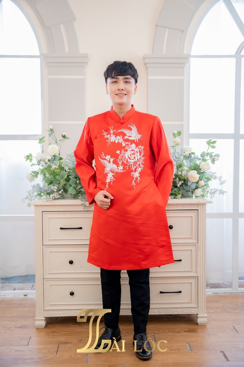 Áo Dài Cưới Chú Rể Lụa Đỏ Hai Con Cò Cách Tân