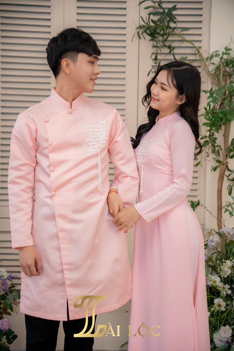 Áo Dài Cặp Đám Cưới Cô Dâu Chú Rể Lụa Hồng Một Chữ Hỷ Trắng